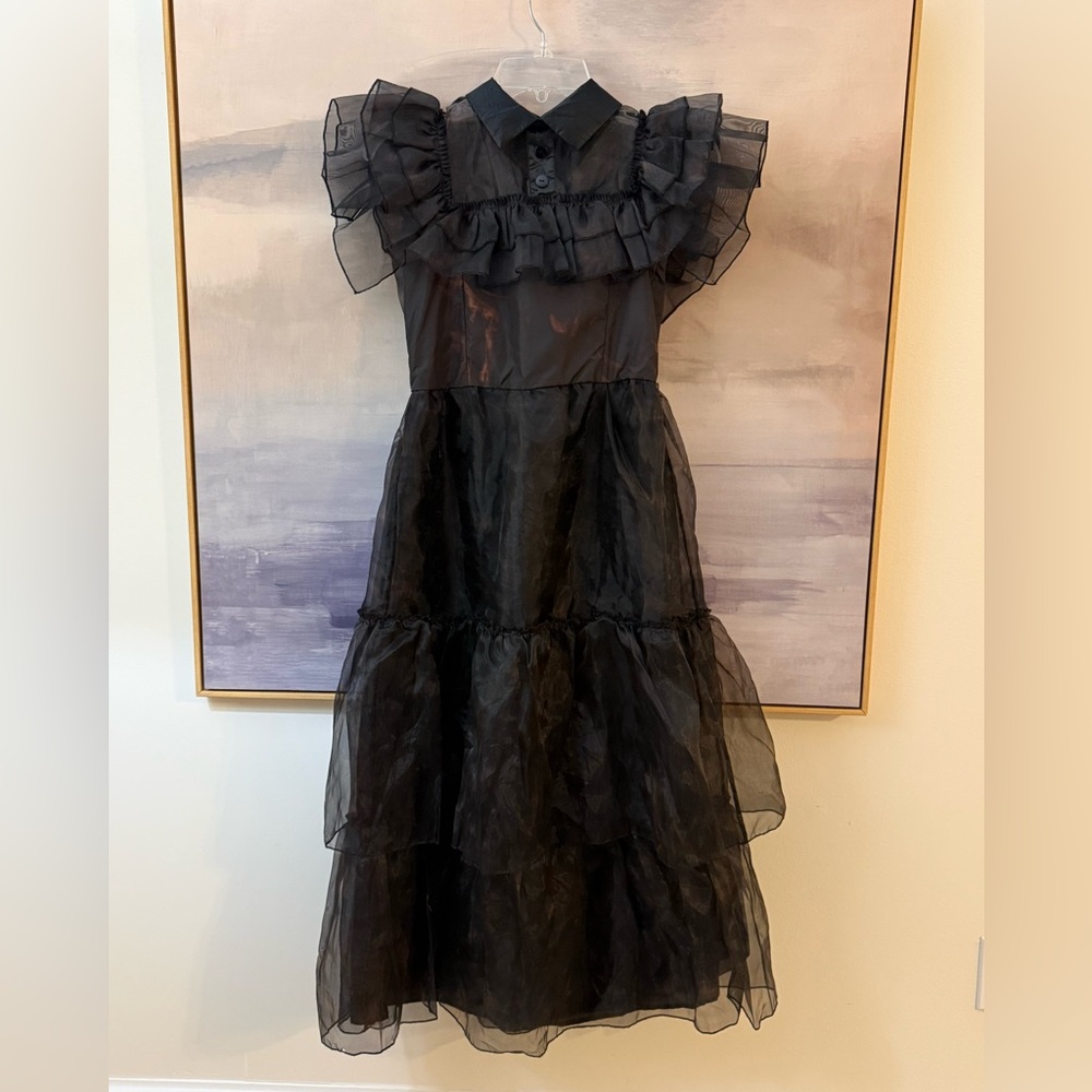 Girls Wednesday Costume Black Ruffled Maxi Dress Addams Family